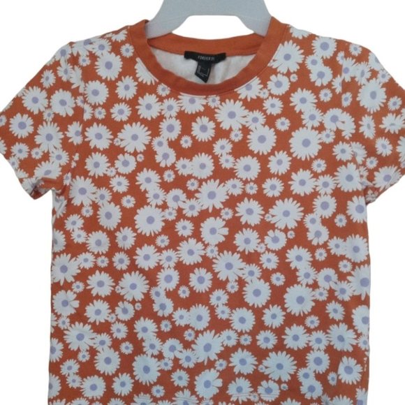 Forever 21 Floral Daisy Short Sleeve Cropped Top Crew Neck Casual Shirt Sz Large - Picture 2 of 5